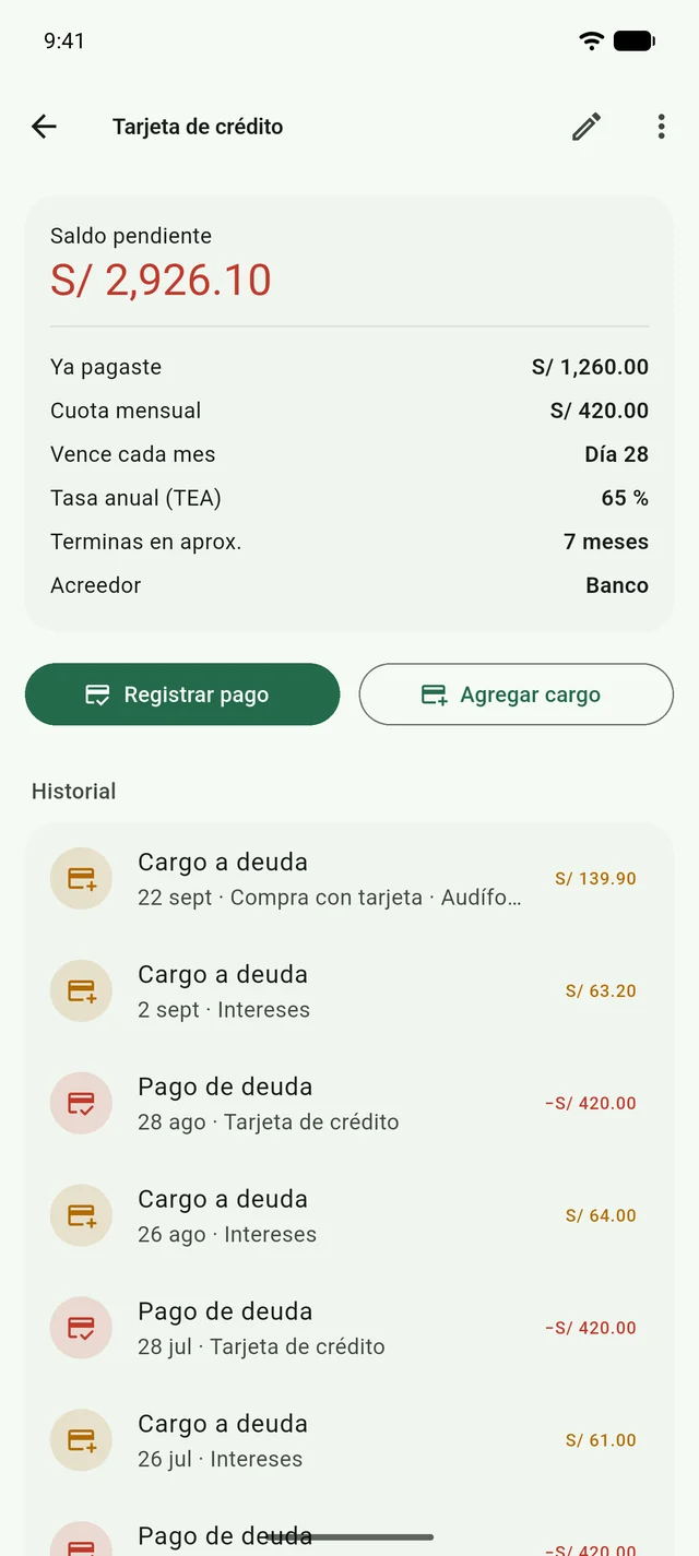 Credit card detail with balance, installment, rate and history