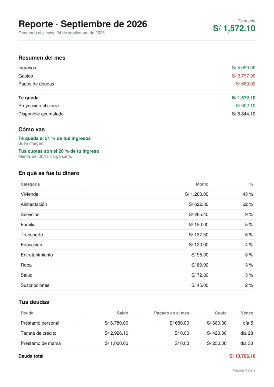 Monthly PDF report with summary, spending by category and debts